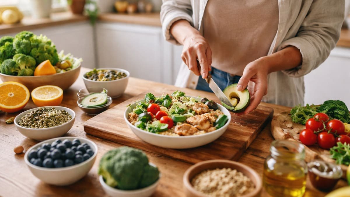 persona preparando comida saludable para reducir estres