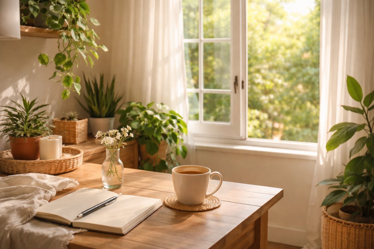 Ventana abierta con luz de la mañana iluminando una habitación ordenada con plantas y una taza de té sobre una mesa