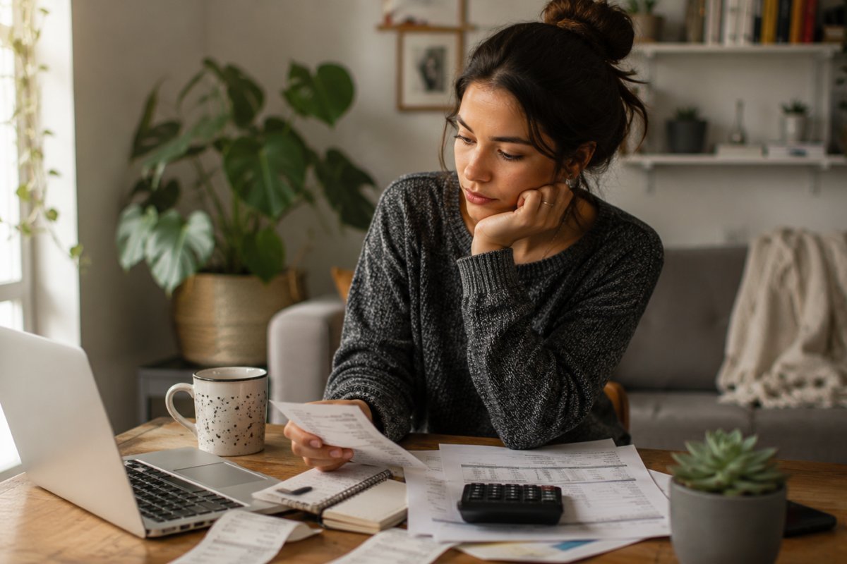 Una mujer joven reflexionando mientras revisa sus finanzas
