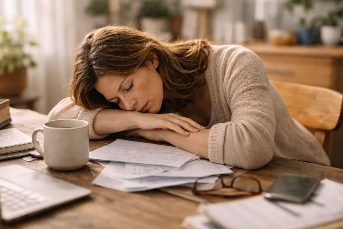 escena cotidiana de una persona en movimiento continuo que refleja agotamiento silencioso y exigencia diaria
