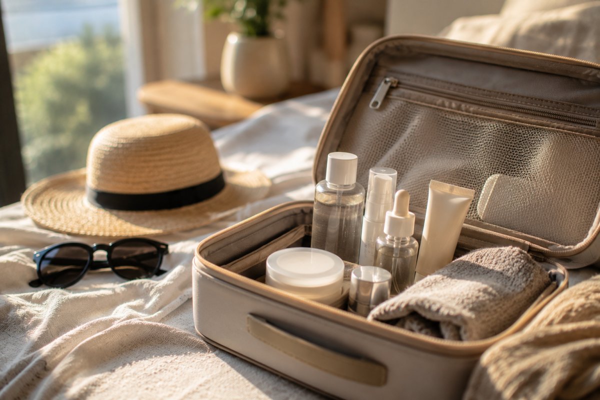 Una maleta pequeña con productos esenciales de skincare