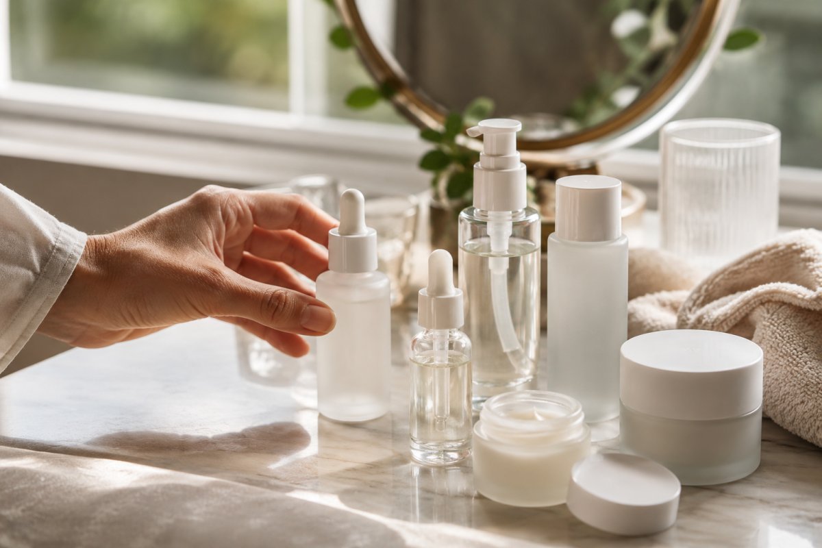 Frascos de productos de belleza con niacinamida sobre una mesa