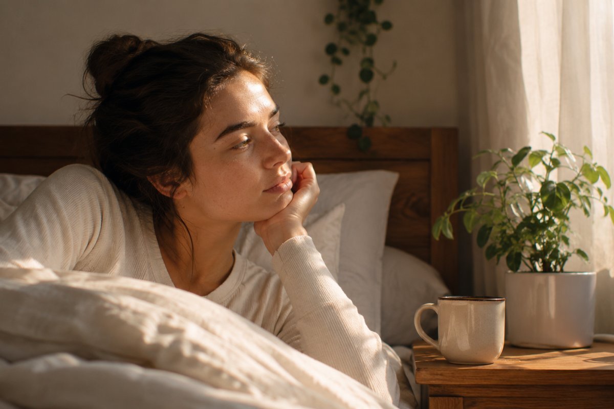 Una persona reflexionando sobre su calidad de sueño mientras se despierta