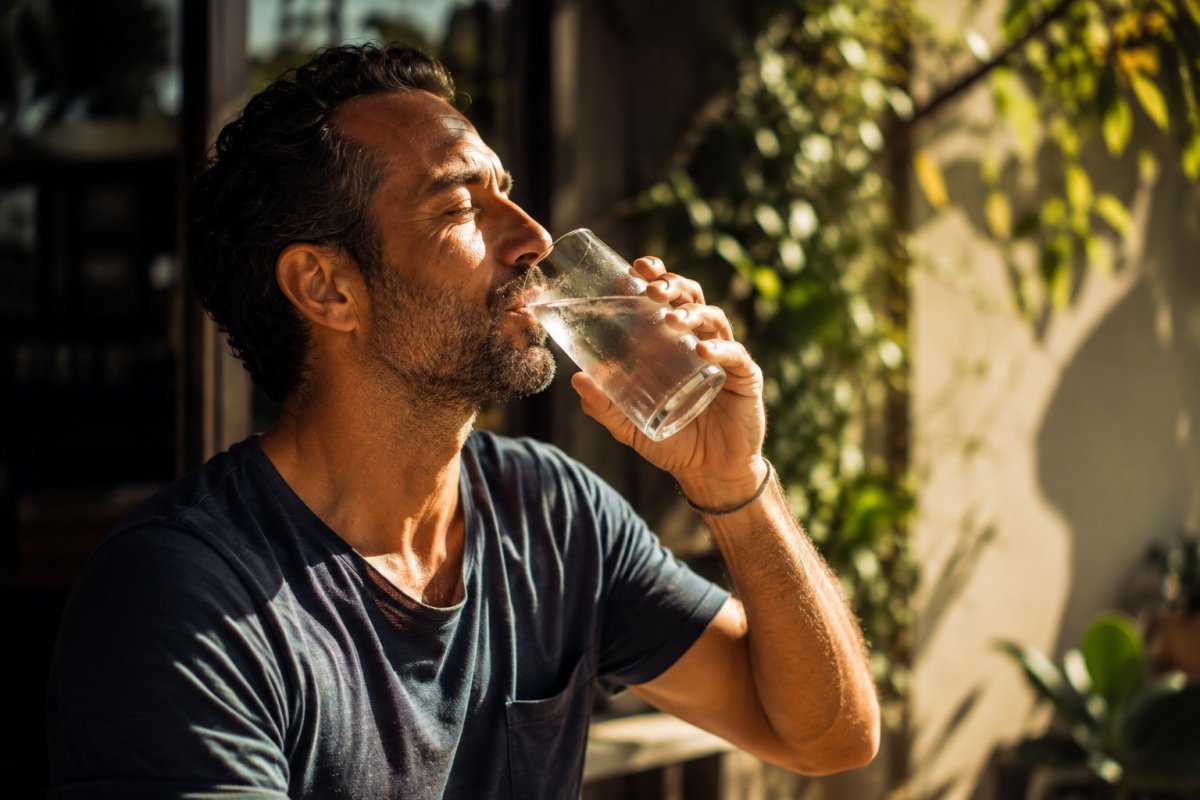 Un hombre adulto disfrutando de un vaso de agua fresca en un día soleado
