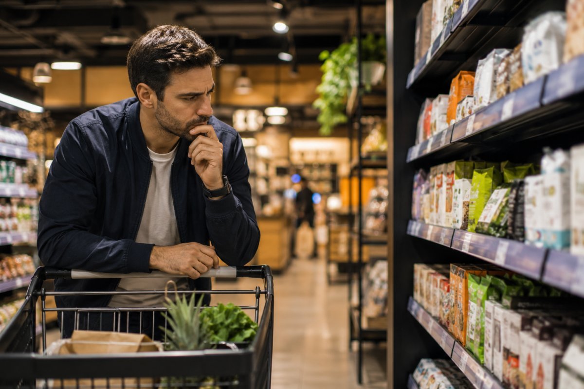 Hombre reflexionando sobre sus decisiones de compra en una tienda