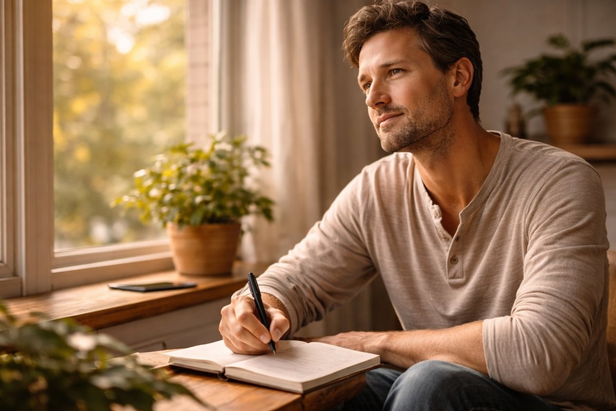 Hombre adulto sentado junto a una ventana escribiendo en un cuaderno mientras reflexiona en silencio