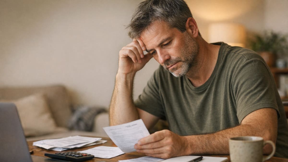 persona revisando sus finanzas con expresion reflexiva en un ambiente tranquilo