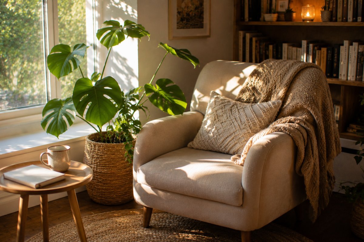 Un rincón acogedor en casa con una planta y una silla cómoda