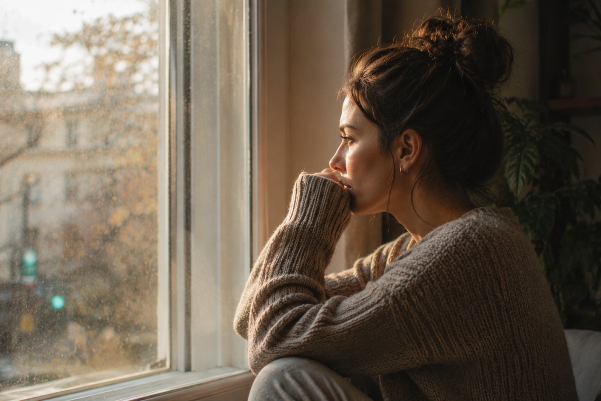 mujer joven reflexionando frente a una ventana