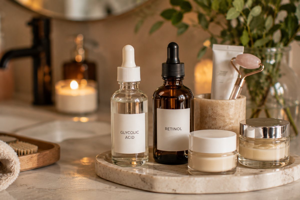 Frascos de ácido glicólico y retinol sobre una mesa de baño