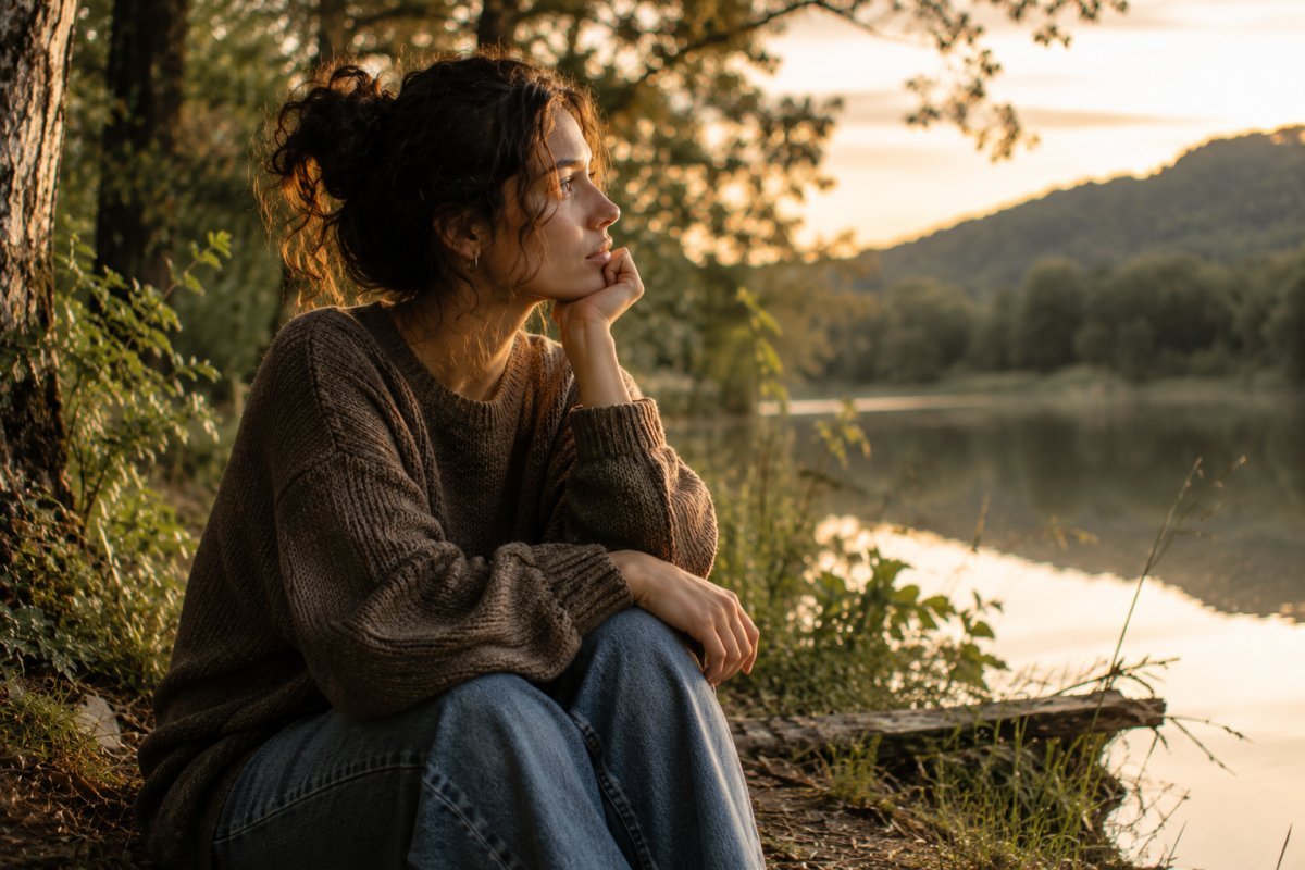 Mujer pensativa en un entorno natural reflexionando sobre su bienestar