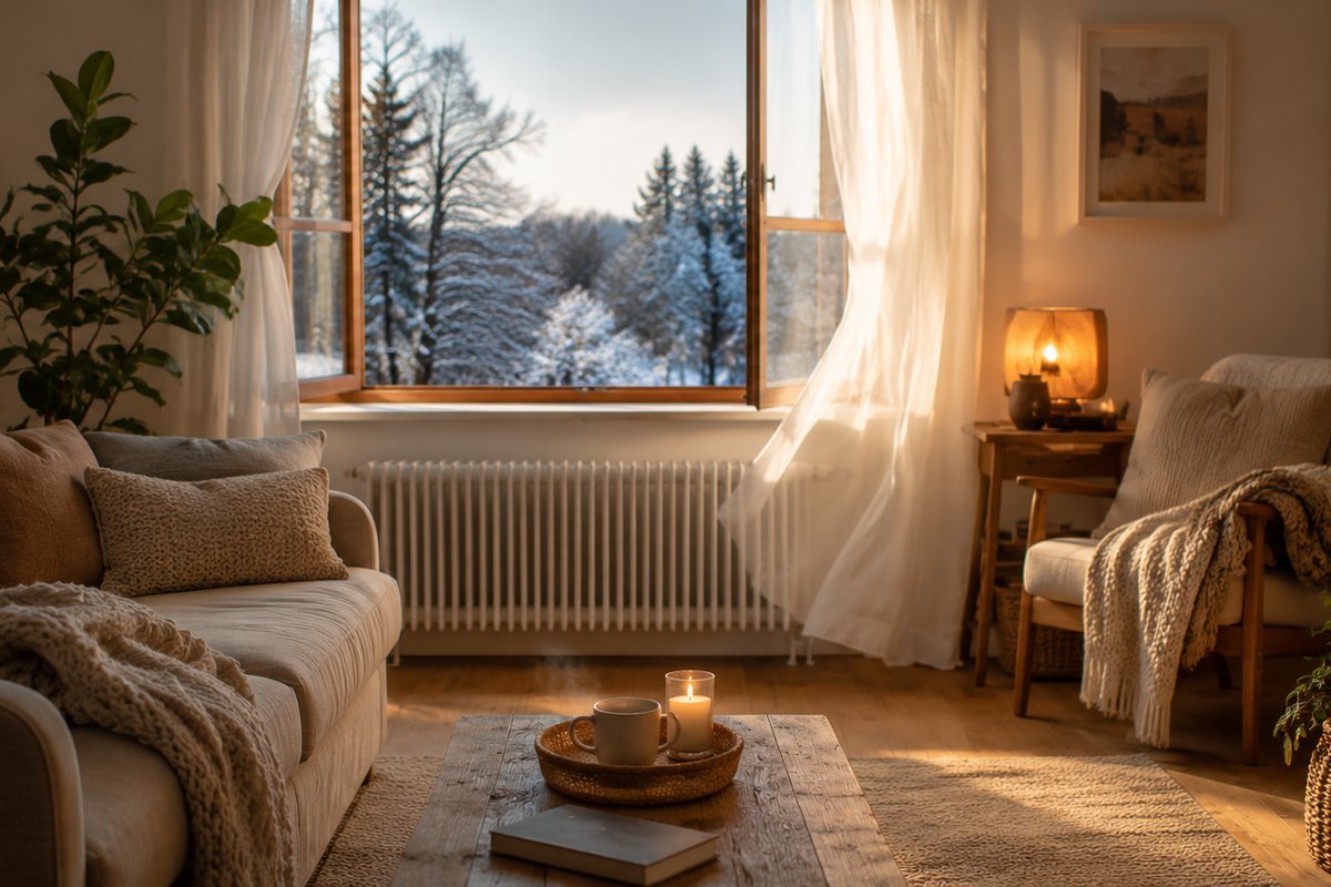 Una sala de estar acogedora con buena ventilación en invierno