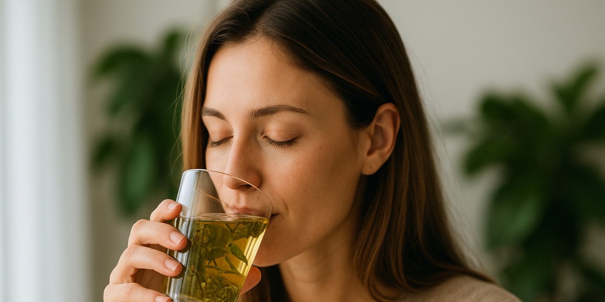 Mujer con expresión serena bebiendo agua o infusión herbal, en ambiente natural y luminoso estilo wellness