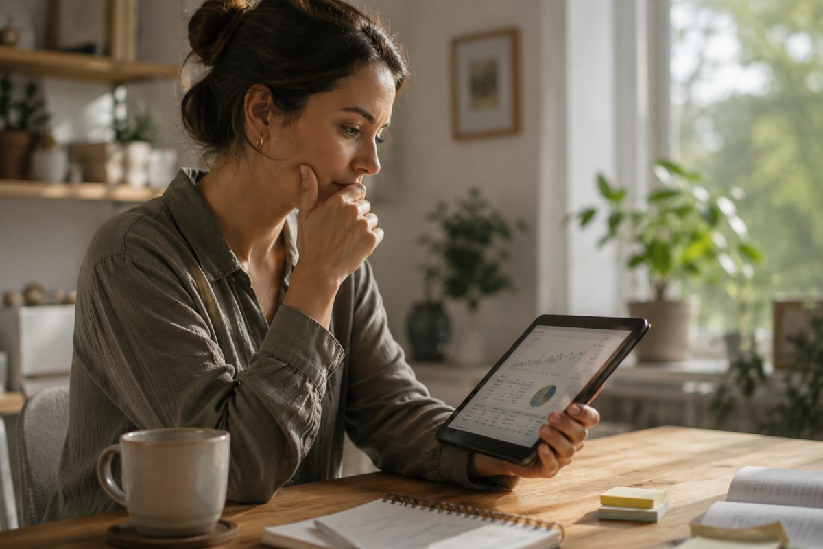Una mujer joven reflexiva observando un gráfico financiero en una tablet