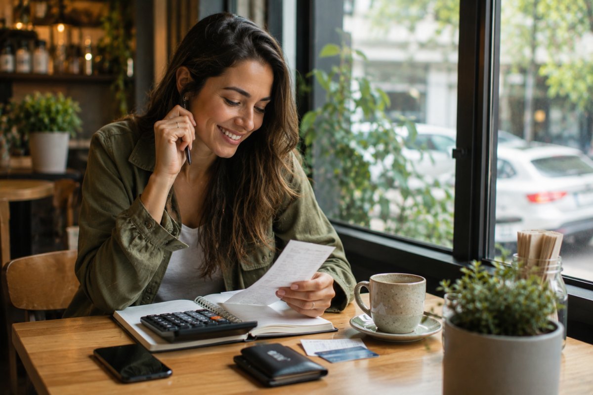 Una mujer joven sonriente revisando sus finanzas en una mesa de café
