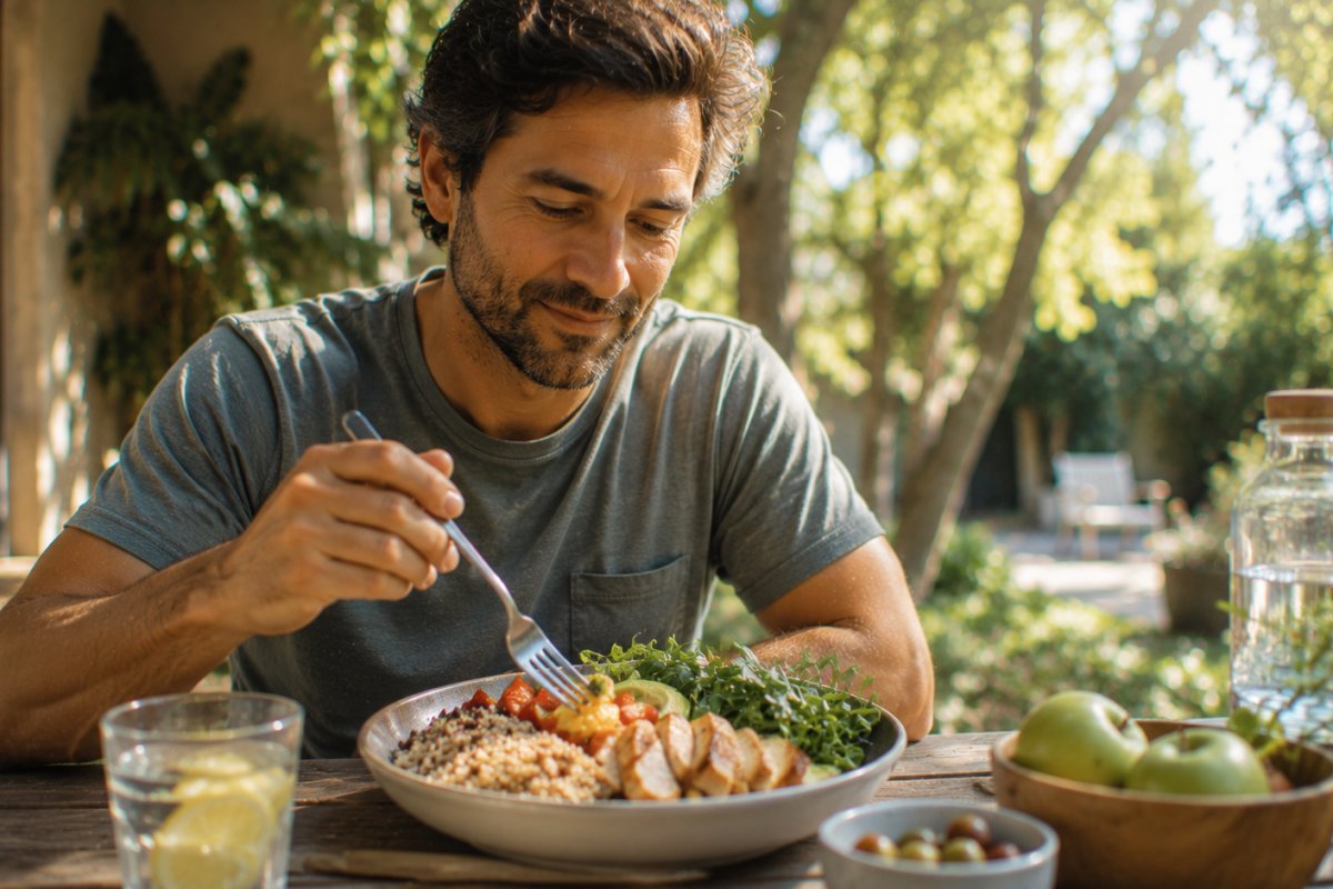 Persona disfrutando una comida balanceada al aire libre