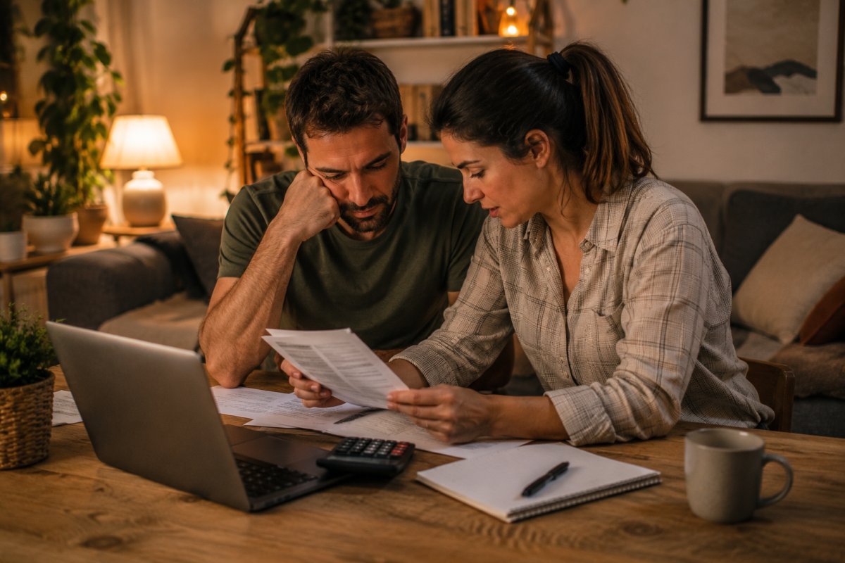 Una pareja revisando sus finanzas en un ambiente acogedor
