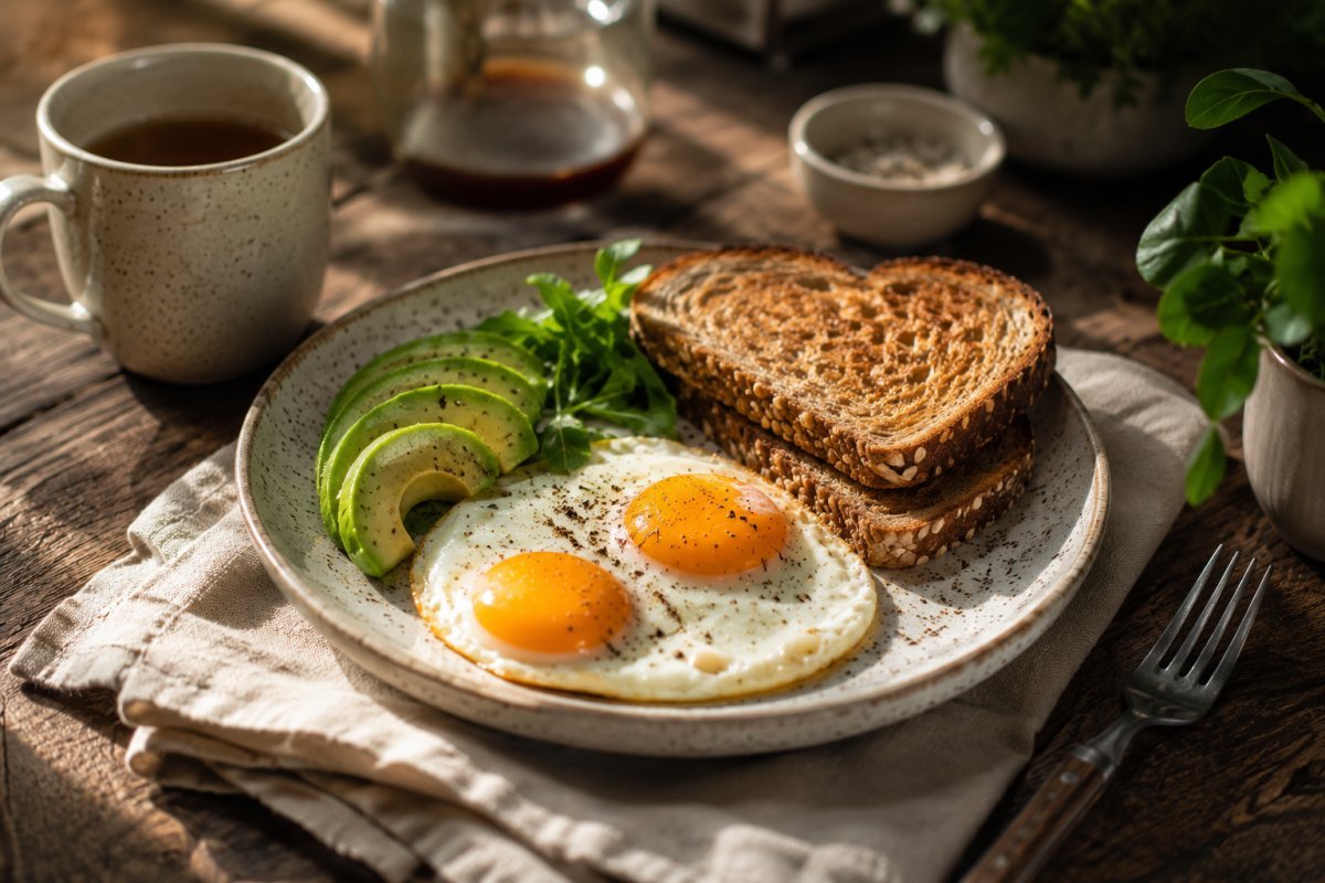 Desayuno equilibrado con huevos, aguacate y tostadas integrales
