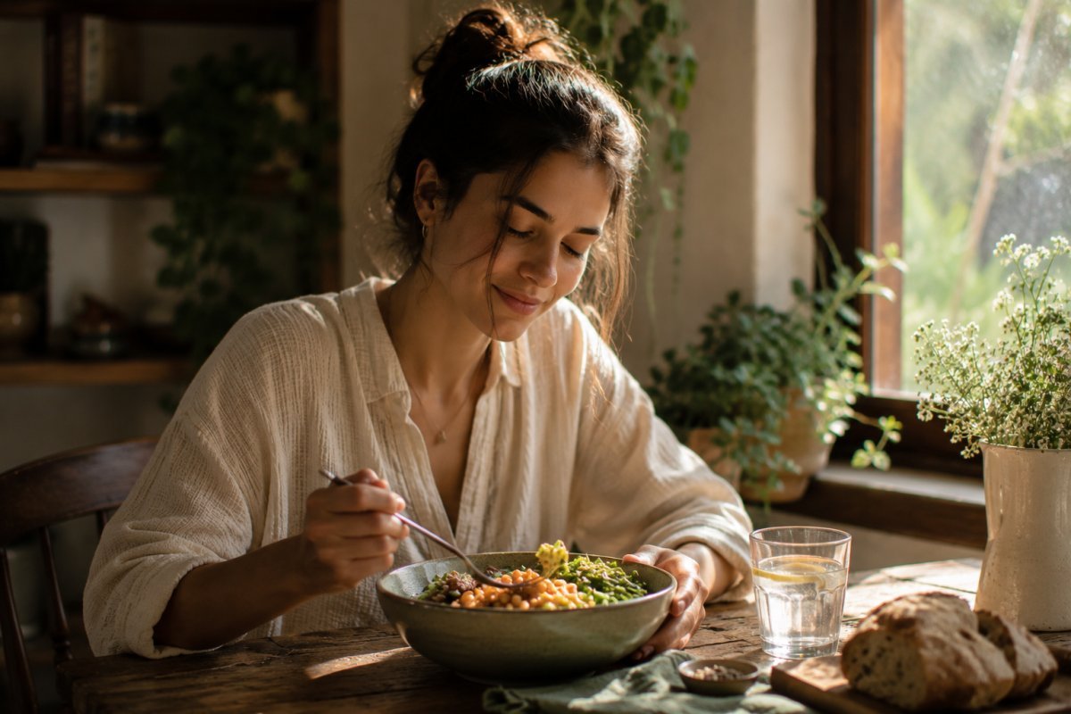 Una mujer disfrutando de una comida en calma