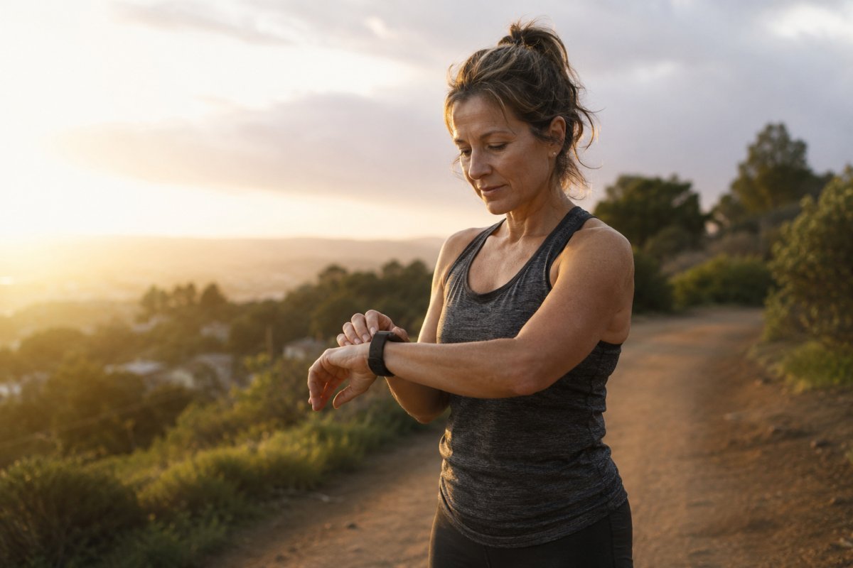 Mujer madura ajustando su entrenamiento al aire libre