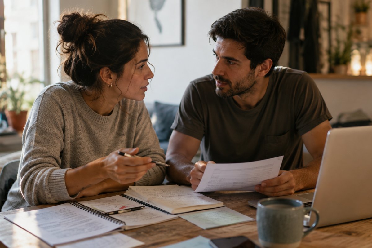 Pareja dialogando sobre finanzas antes de convivir