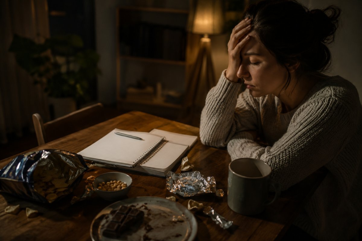 Mesa con restos de snacks nocturnos junto a una libreta abierta y una taza de té apagada bajo luz tenue