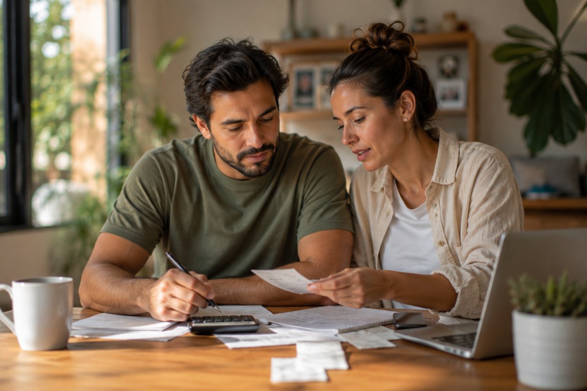 Una pareja revisando sus finanzas en una mesa con calma