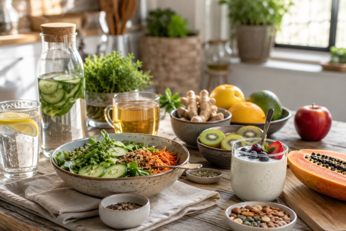 Mesa con alimentos saludables y naturales para mejorar la digestión