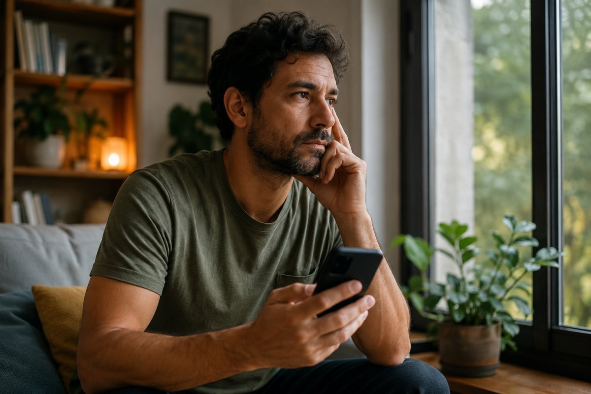 Un hombre reflexionando mientras sostiene su teléfono móvil