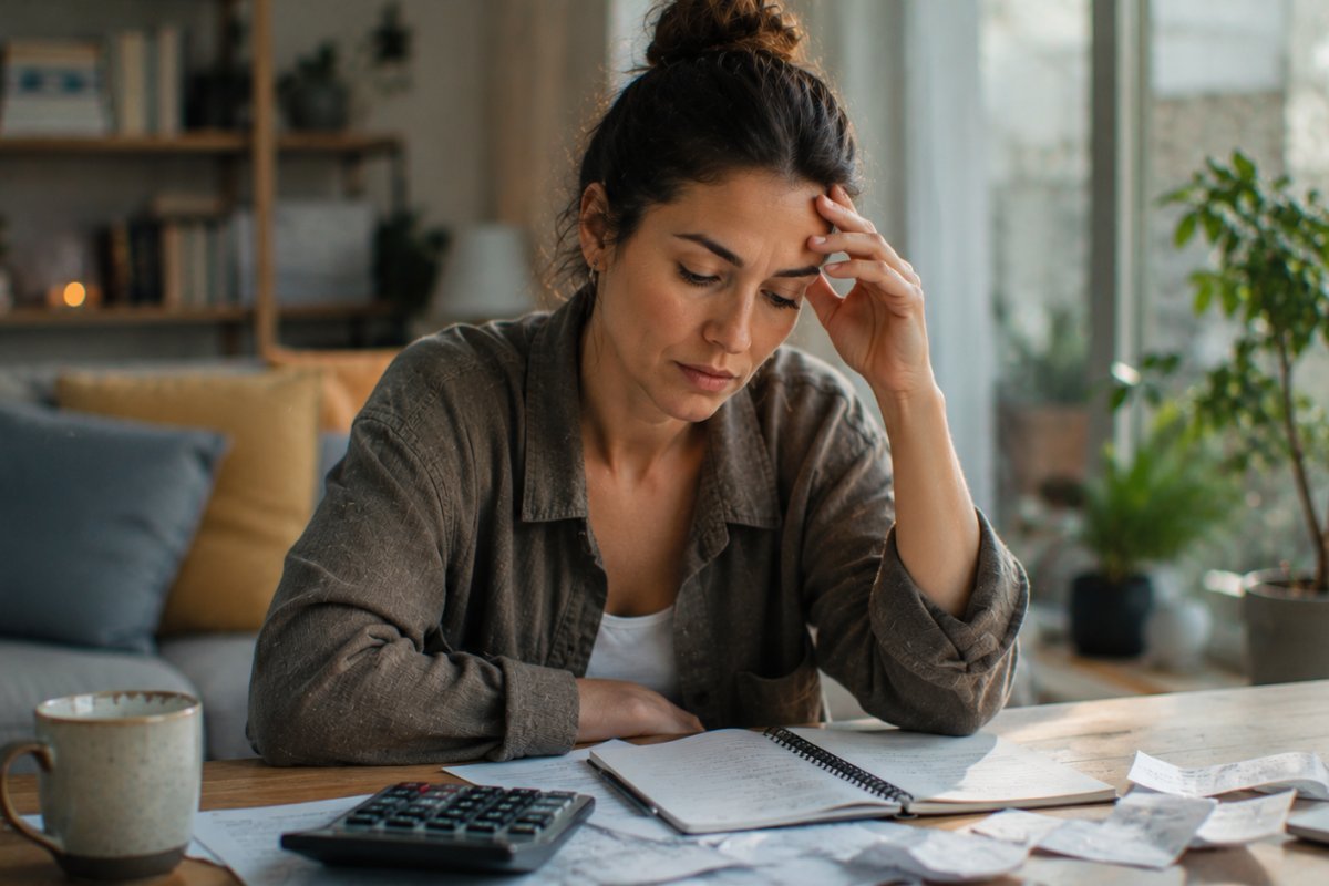 mujer reflexionando sobre finanzas en su hogar