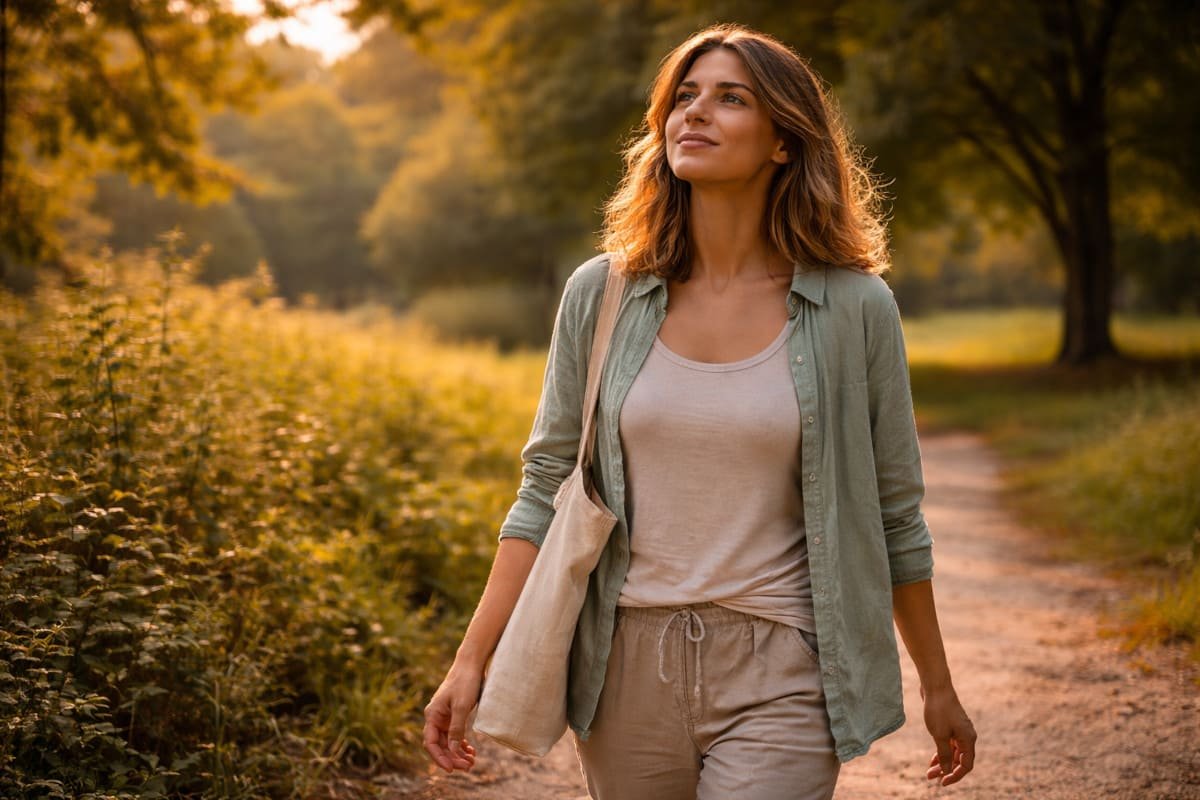 persona caminando con calma al aire libre como símbolo de equilibrio interno