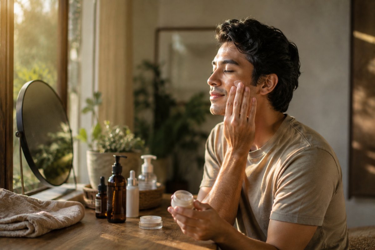 Una persona aplicando productos de skincare con calma