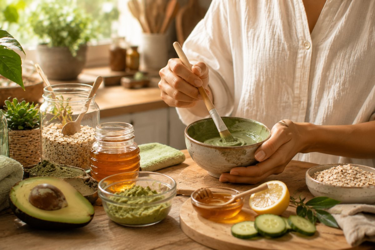 Ingredientes caseros para crear mascarillas faciales en una cocina