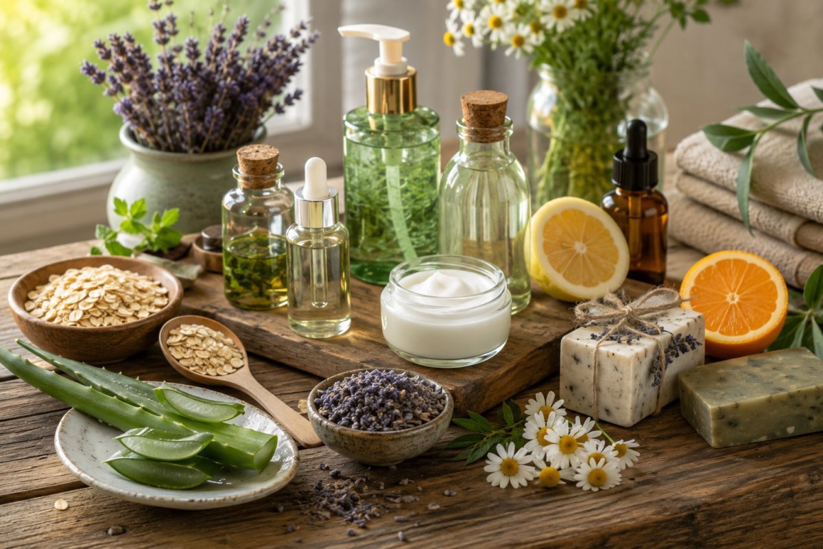 Una colección de productos de belleza natural sobre una mesa de madera