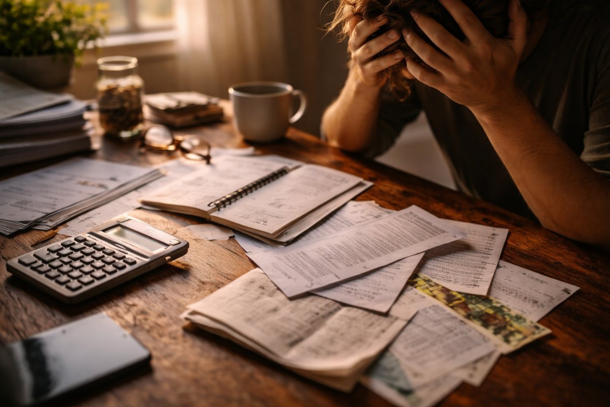 Manos sosteniendo la cabeza frente a una mesa con cuentas y papeles mientras la luz del atardecer entra suavemente