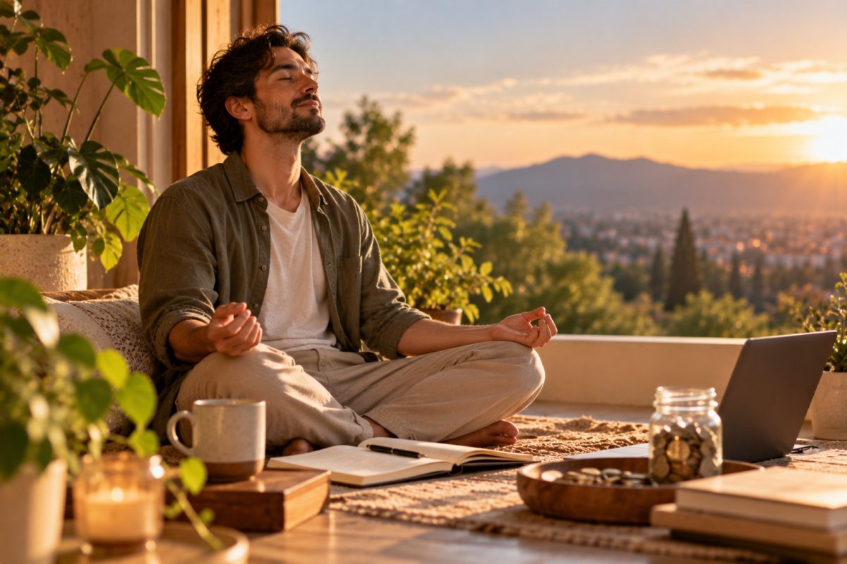 Persona meditando sobre finanzas conscientes y mindfulness
