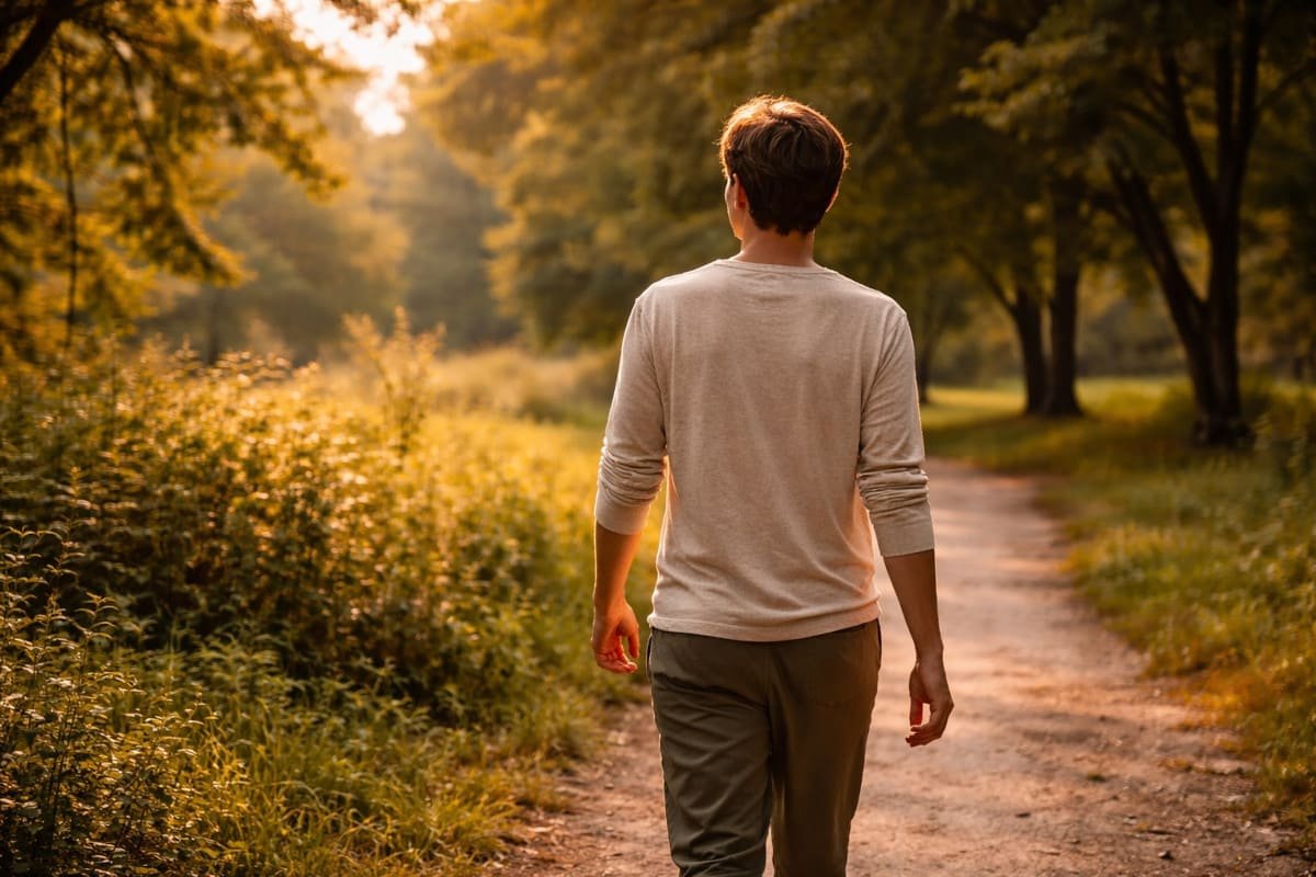 persona en calma caminando al aire libre con luz natural suave