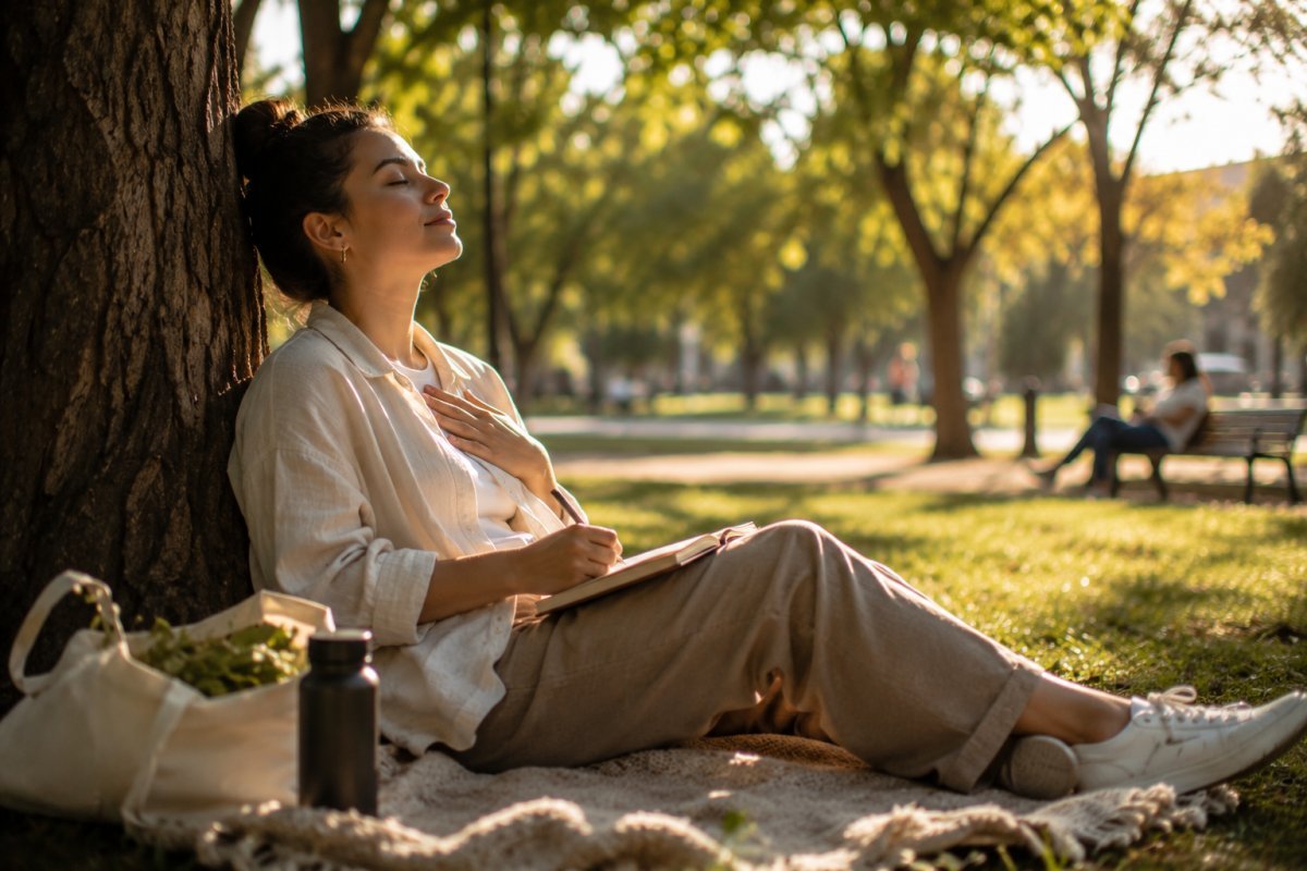 Persona relajándose en un parque aplicando estrategias para manejar el estrés diario