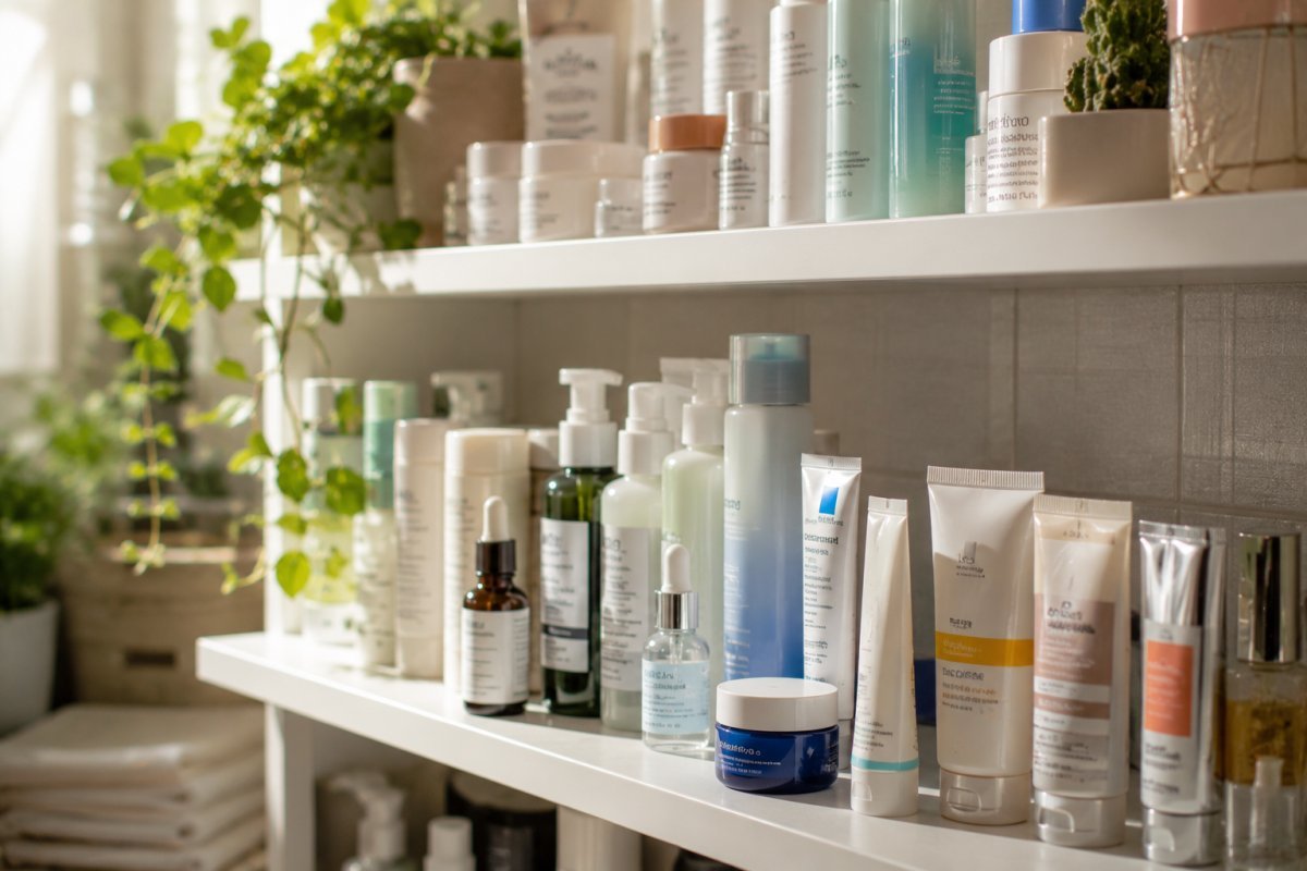 Estante de farmacia con productos de skincare variados