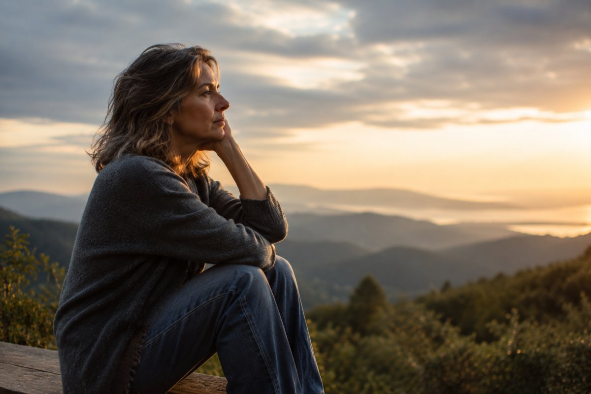 Una mujer madura mirando al horizonte, reflejando introspección