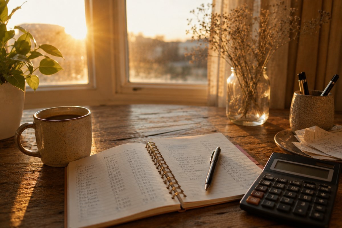 mesa de madera con libreta de gastos café y calculadora junto a la luz cálida de una ventana al amanecer