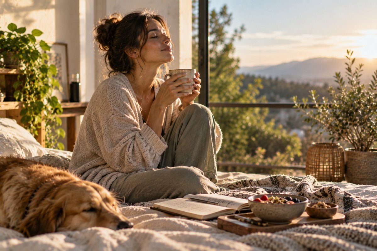 Persona disfrutando de rituales matutinos para empezar el día con calma y energía
