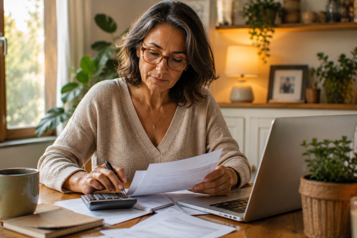 Una mujer madura revisando sus finanzas en un ambiente cálido y acogedor