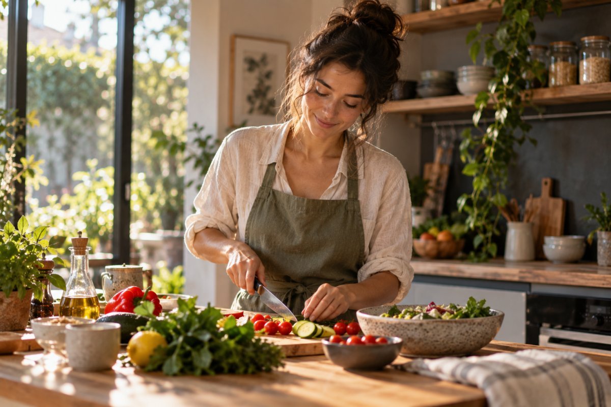 Mujer cocinando aplicando mindfulness en la cocina