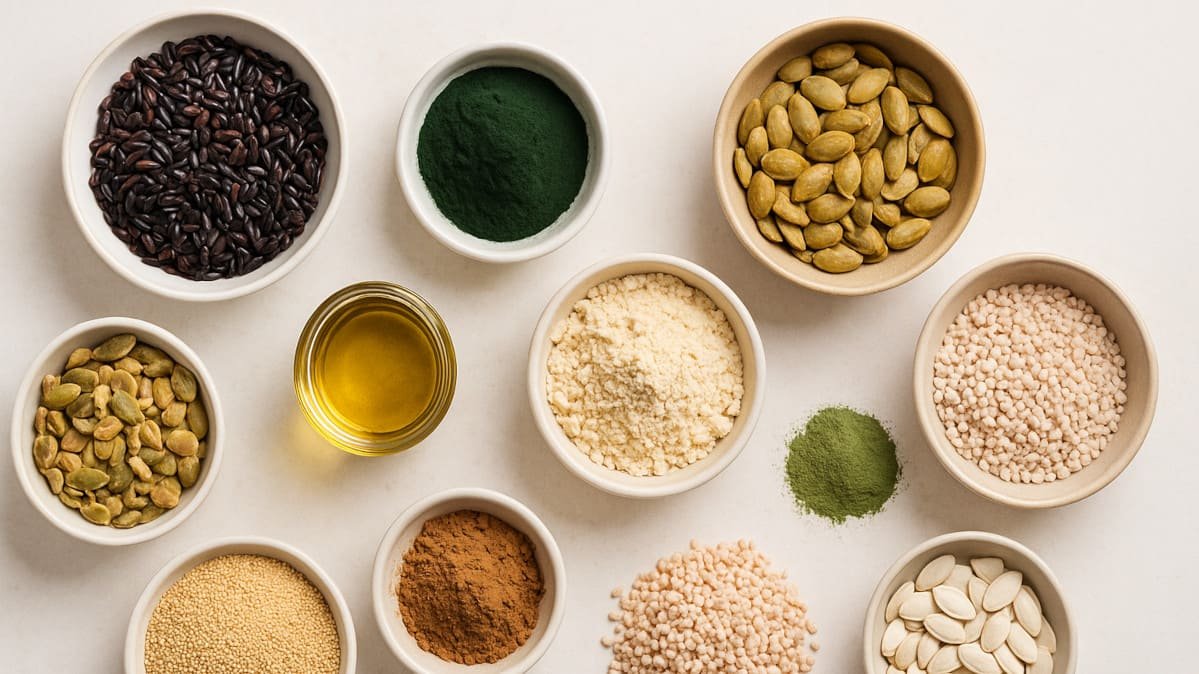 superalimentos variados organizados de forma minimalista sobre fondo claro, listos para integrar a recetas simples