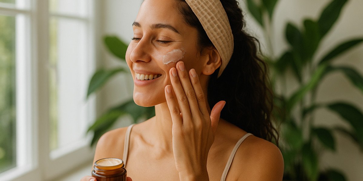 Mujer aplicando producto facial natural frente a una ventana con plantas, ambiente luminoso y ecológico estilo wellness