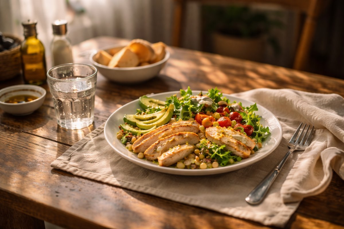 Plato servido sobre una mesa con luz natural mientras una comida permanece intacta en un momento de pausa