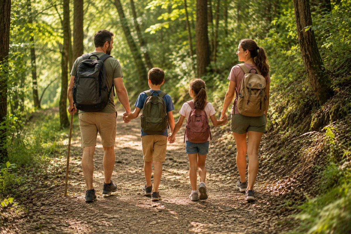Una familia disfrutando de una caminata por el bosque
