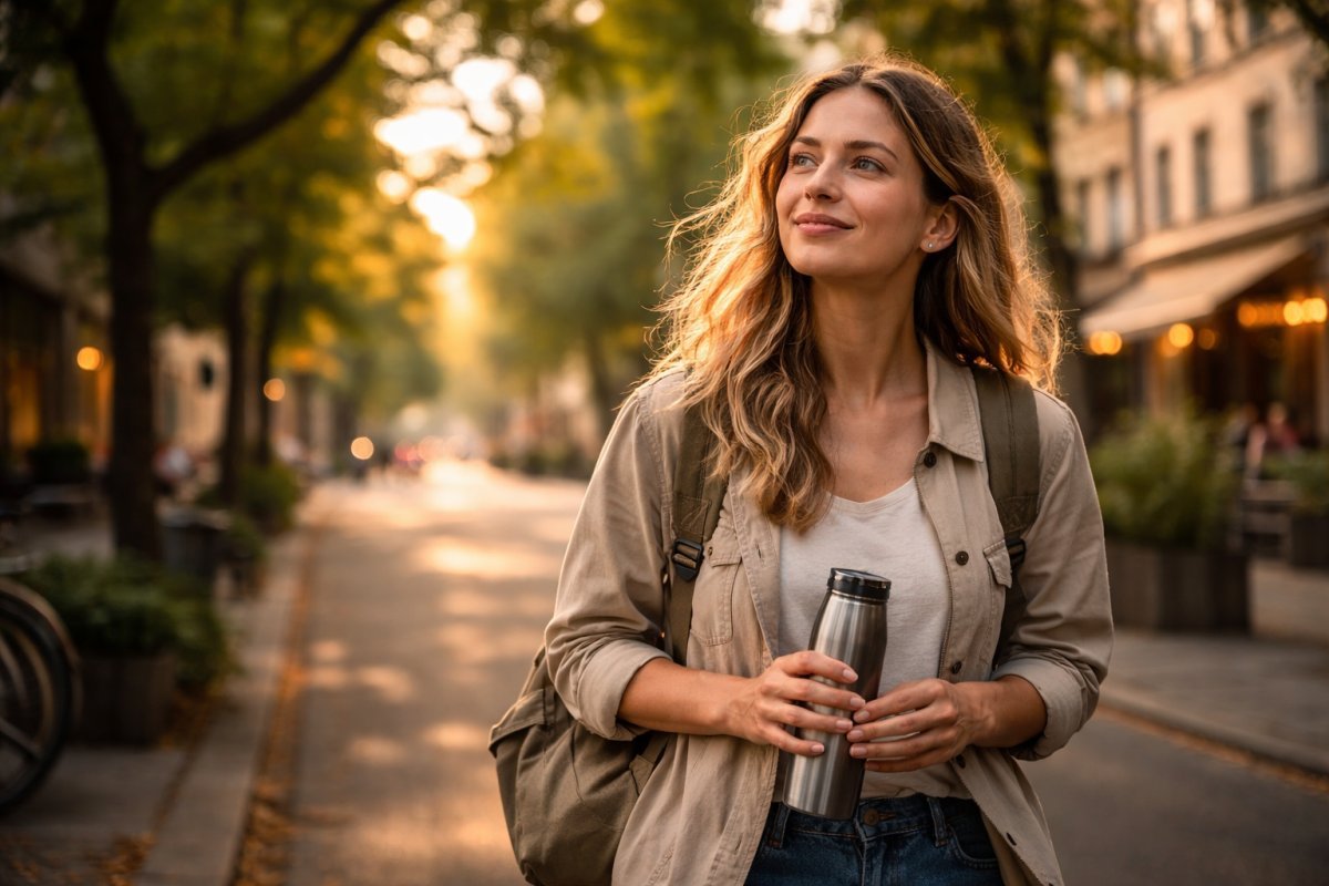 Hombre caminando por avenida arbolada al amanecer con mochila ligera mientras la ciudad comienza a activarse