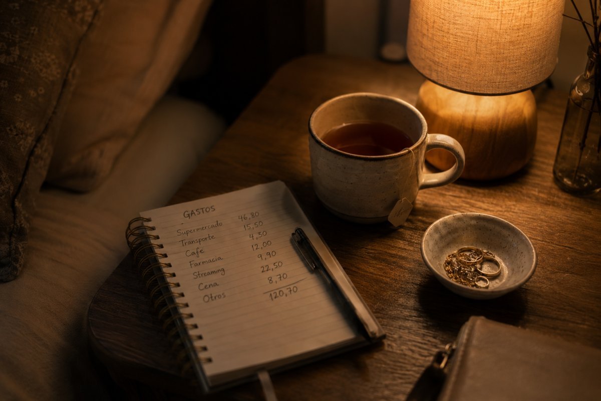 libreta con gastos anotados junto a una lámpara encendida y una taza de té sobre una mesa de noche